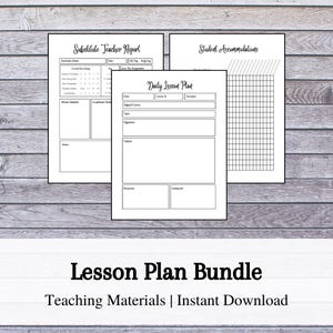 Peut inclure: Un ensemble de modèles de plans de cours et de rapports imprimables, comprenant un plan de cours quotidien, des aménagements pour les élèves et un rapport de professeur remplaçant. Le texte "Lesson Plan Bundle" et "Teaching Materials | Instant Download" est affiché en bas.