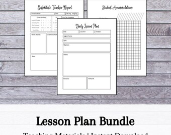 May include: A collection of printable lesson plan templates and reports, including a daily lesson plan, student accommodations, and substitute teacher report. The text "Lesson Plan Bundle" and "Teaching Materials | Instant Download" are displayed at the bottom.