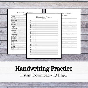 May include: A printable handwriting practice worksheet with three pages. The first page has a list of objects to practice writing, the second page has the alphabet, and the third page has the months of the year.