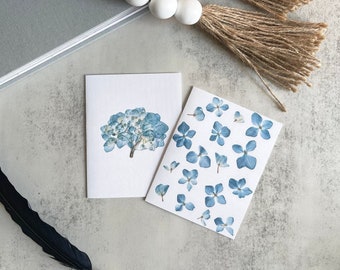 Pressed Blue Hydrangea Stationery Set (20 Cards + Envelopes) | Pressed Flowers Natural Floral Pressed Hydrangea Pressed Cards