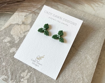 Holly Leaf Stud Earrings | Polymer Clay Earrings, Christmas, Holiday, Holly Leaf, Holiday Earrings, Christmas Earrings, Polymer Clay, Holly