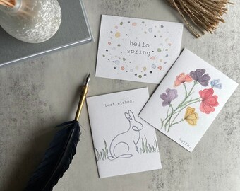 Spring Watercolor Stationery Set (15 Cards + Envelopes) | Spring Floral Bouquet Watercolor Flowers Easter Bunny Speckles Pastel