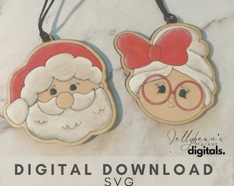 Adorno de Papá Noel y la Sra. Claus SVG: Archivo de corte para adornos navideños DIY (Descarga digital)