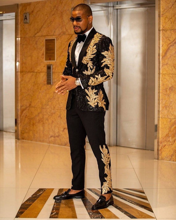 African Men Suit Made for the Classic Man With Elegant Gold Applique on Black Etsy