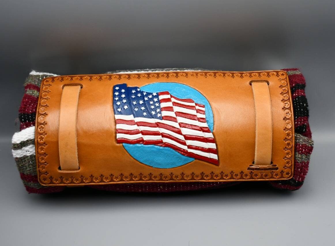 Leather Motorcycle Bedroll with Falsa Blanket Hand tooled USA FLAG