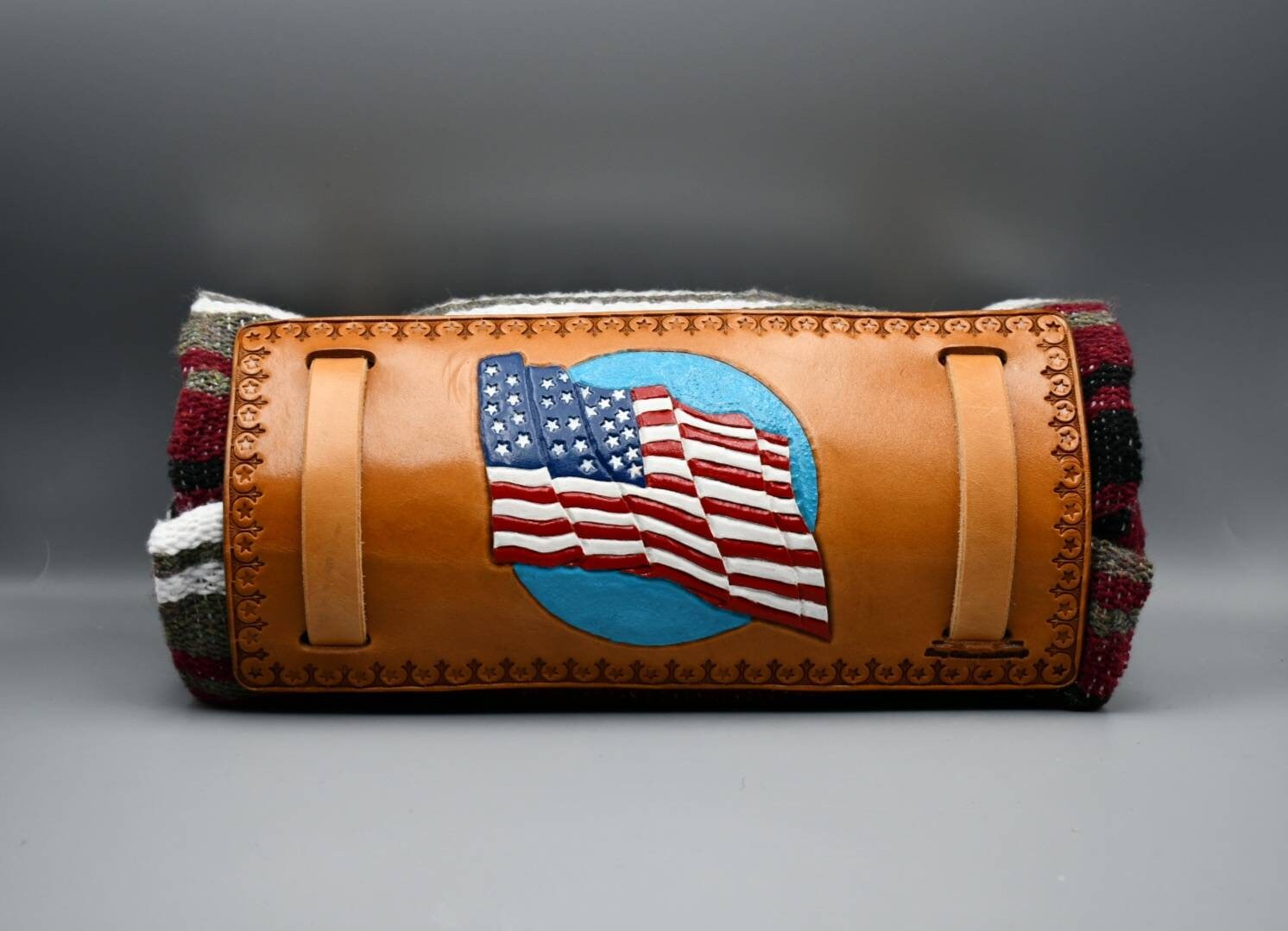 Leather Motorcycle Bedroll with Falsa Blanket Hand tooled USA FLAG