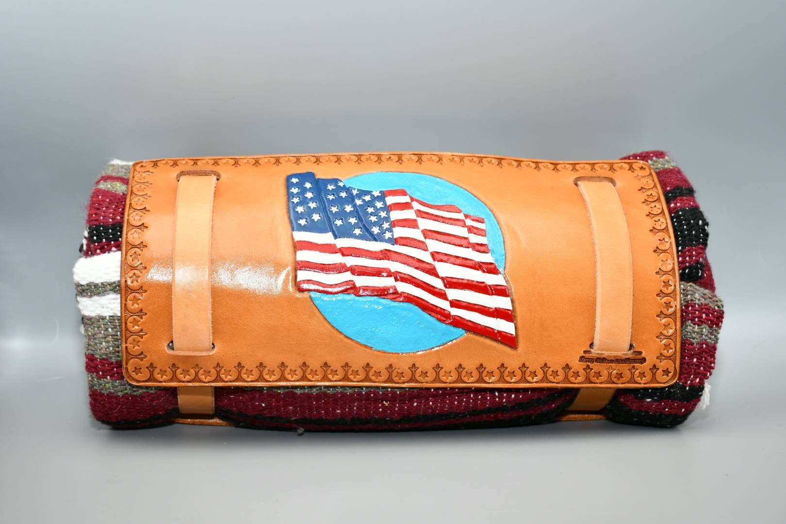 Leather Motorcycle Bedroll with Falsa Blanket Hand tooled USA FLAG