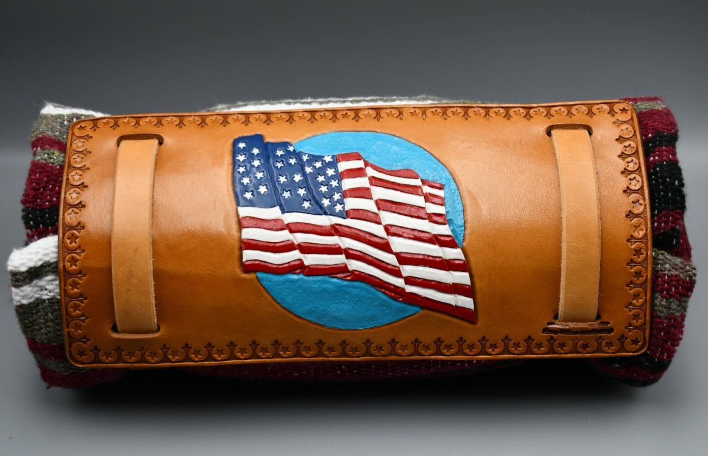Leather Motorcycle Bedroll with Falsa Blanket Hand tooled USA FLAG