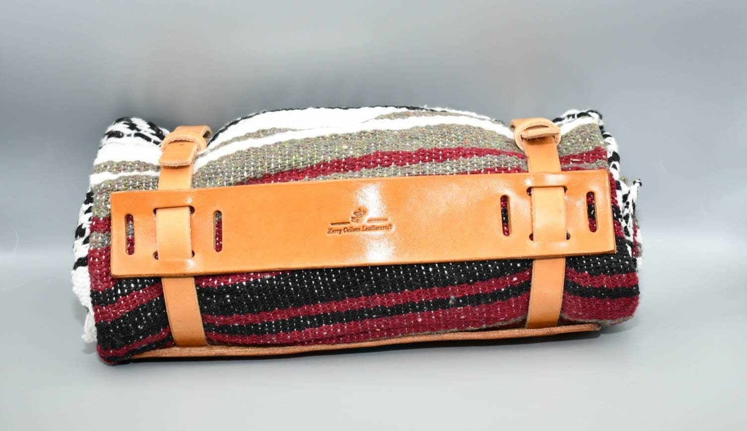 Leather Motorcycle Bedroll with Falsa Blanket Hand tooled USA FLAG