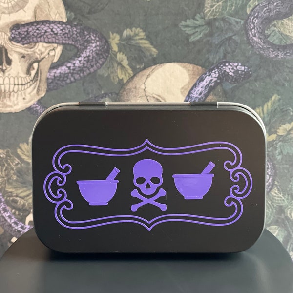 Apothecary Storage Tins / Pill Box / Pill Box For Purse / Pills - Vitamins - Mints - Coins / Purse Organization / Poison Skull Goth Pill Box