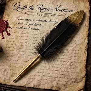 May include: A black and gold quill pen rests on aged parchment paper featuring the text Quoth the Raven - Nevermore and once upon a midnight dreary, while I pondered, weak and weary. A brass inkwell, a red wax seal, and a lit candle are present.