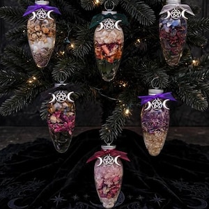 May include: Six clear, teardrop-shaped glass ornaments filled with various dried flowers, herbs, and crystals. Each ornament is topped with a silver-toned triple moon and pentagram charm, secured with a colored ribbon bow for hanging on a tree.