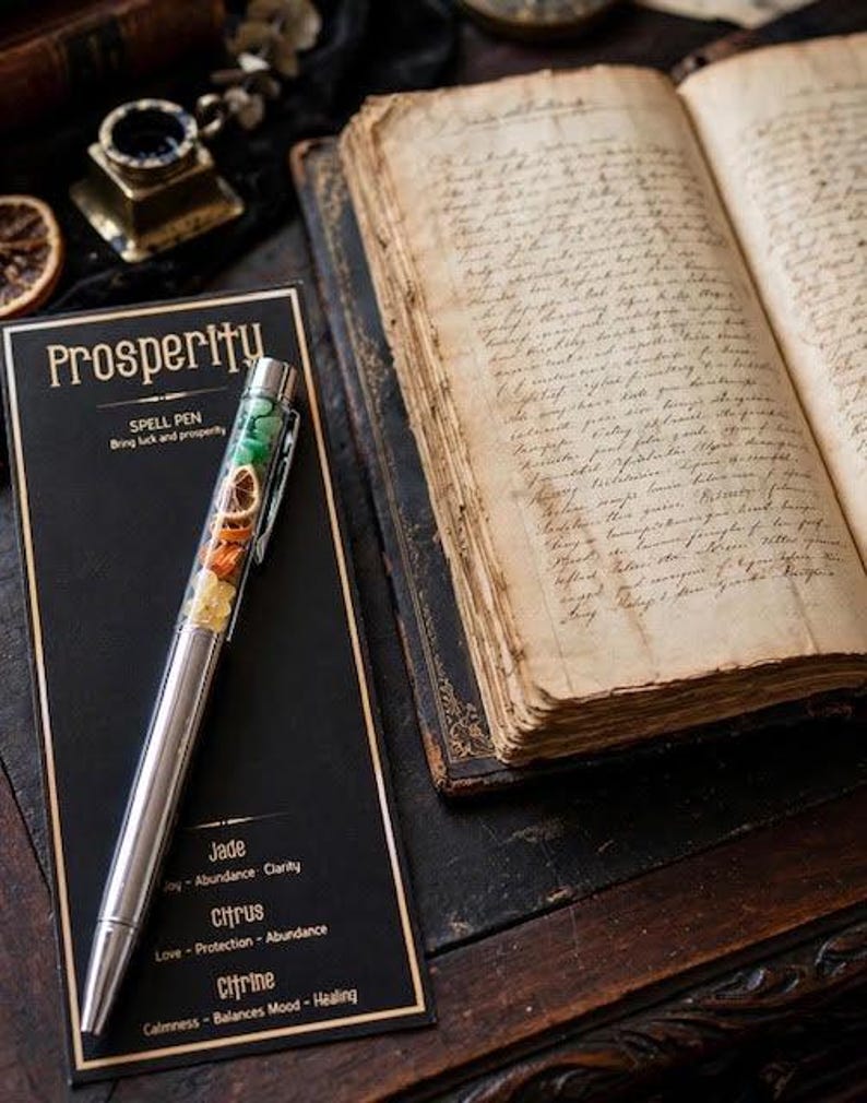 May include: A silver-toned ballpoint pen with a clear barrel filled with green jade stones, dried citrus slices, and yellow citrine crystals. The pen rests on a black card labelled Prosperity, Spell Pen, Jade, Citrus, and Citrine with descriptive text.