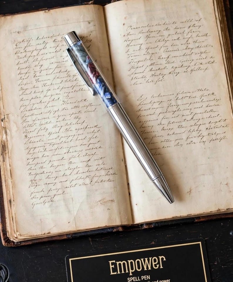May include: A silver ballpoint pen with a clear barrel filled with small, polished blue and red stones. The pen features a metallic clip and a pointed tip, resting diagonally across an open book with handwritten cursive text on aged paper.