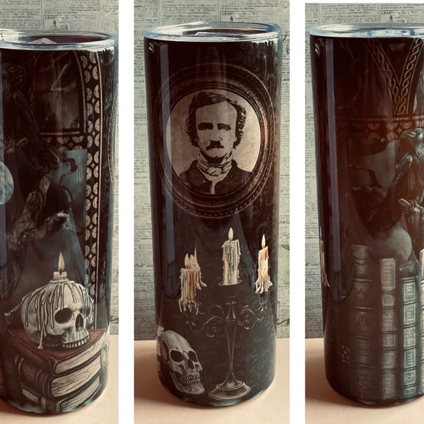 Edgar Allan Poe Tumbler / Literary Tumbler / Ravens Skulls Books / 20 Oz Insulated Tumbler / Dark Academia / Skinny Tumbler with Straw