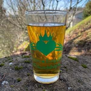Irish Claddagh Pint Glass / St Patty’s Day / Emerald Green / Saint Patrick’s Day Beer Glass / Gothic Ireland / Love Loyalty Friendship