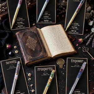 May include: Five spell pens with clear barrels filled with crystals and botanicals, displayed on black cards labelled Bewitch, Bliss, Guardian, Serenity, Prosperity, and Empower, surrounding an open, leather-bound journal with gold embossed details.