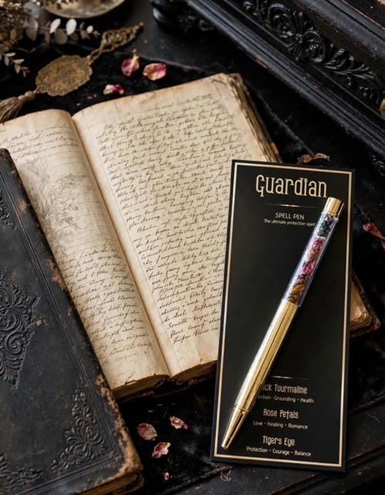 May include: A gold-toned pen with a clear barrel filled with black tourmaline, rose petals, and tiger's eye, resting on a black card labelled Guardian Spell Pen. The card lists the contents and their properties next to an open, aged, handwritten book.
