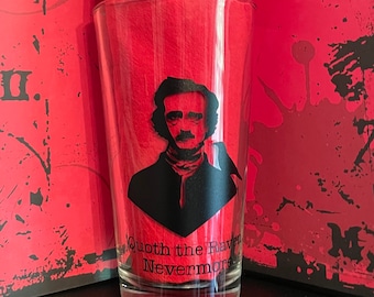 Edgar Allen Poe Glass / Quoth The Raven / Nevermore Pint Glass / Gothic Pint Glass / Dark Heart / EAP Goth Pint Glass
