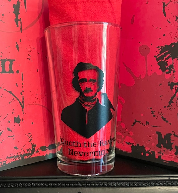 Edgar Allen Poe Glass / Quoth The Raven / Nevermore Pint Glass / Gothic Pint Glass / Dark Heart / EAP Goth Pint Glass
