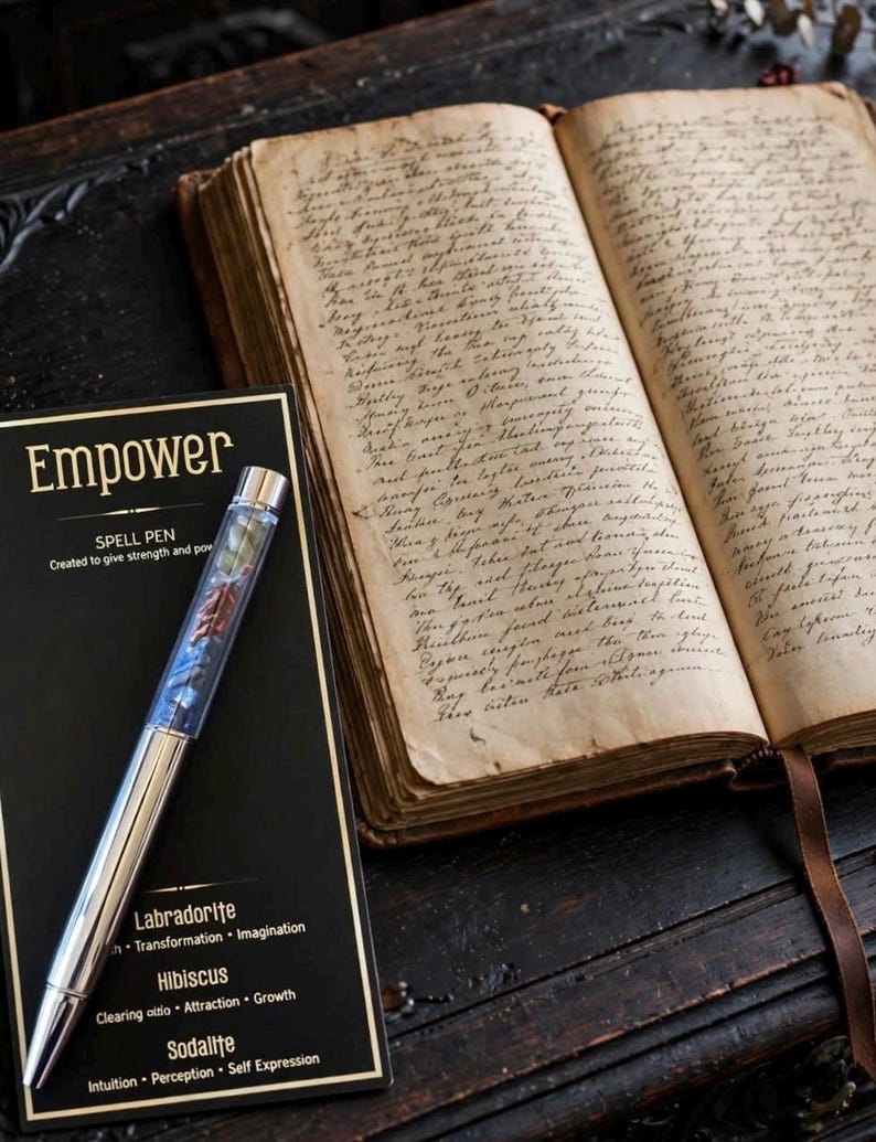 May include: A silver-toned spell pen with a clear barrel containing small crystals, resting on a black product card labelled Empower, Labradorite, Hibiscus, and Sodalite, positioned next to an open antique book with handwritten cursive text on aged pages.