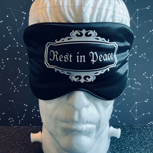Gothic Sleep Mask / Rest In Peace / Gothic Wedding Bridesmaid Gift / Black Sleep Mask / Goth Gifts / Silk Sleep Mask With Adjustable Strap