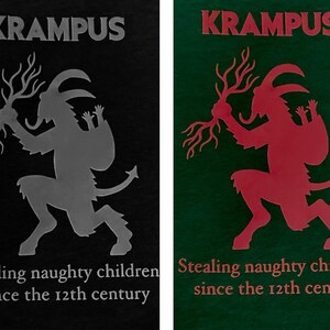 Peut inclure: Un t-shirt noir et vert avec une silhouette rouge de Krampus, une créature mythique avec des cornes et un sac, tenant une branche. Le texte "KRAMPUS" est en haut du t-shirt et le texte "Stealing naughty children since the 12th century" est en bas.