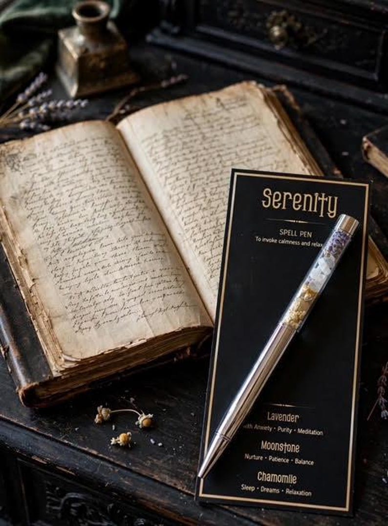 May include: A silver ballpoint pen with a clear barrel filled with dried lavender, moonstone, and chamomile, displayed on a black card labelled Serenity Spell Pen with text listing Lavender, Moonstone, and Chamomile properties for calm and relaxation.