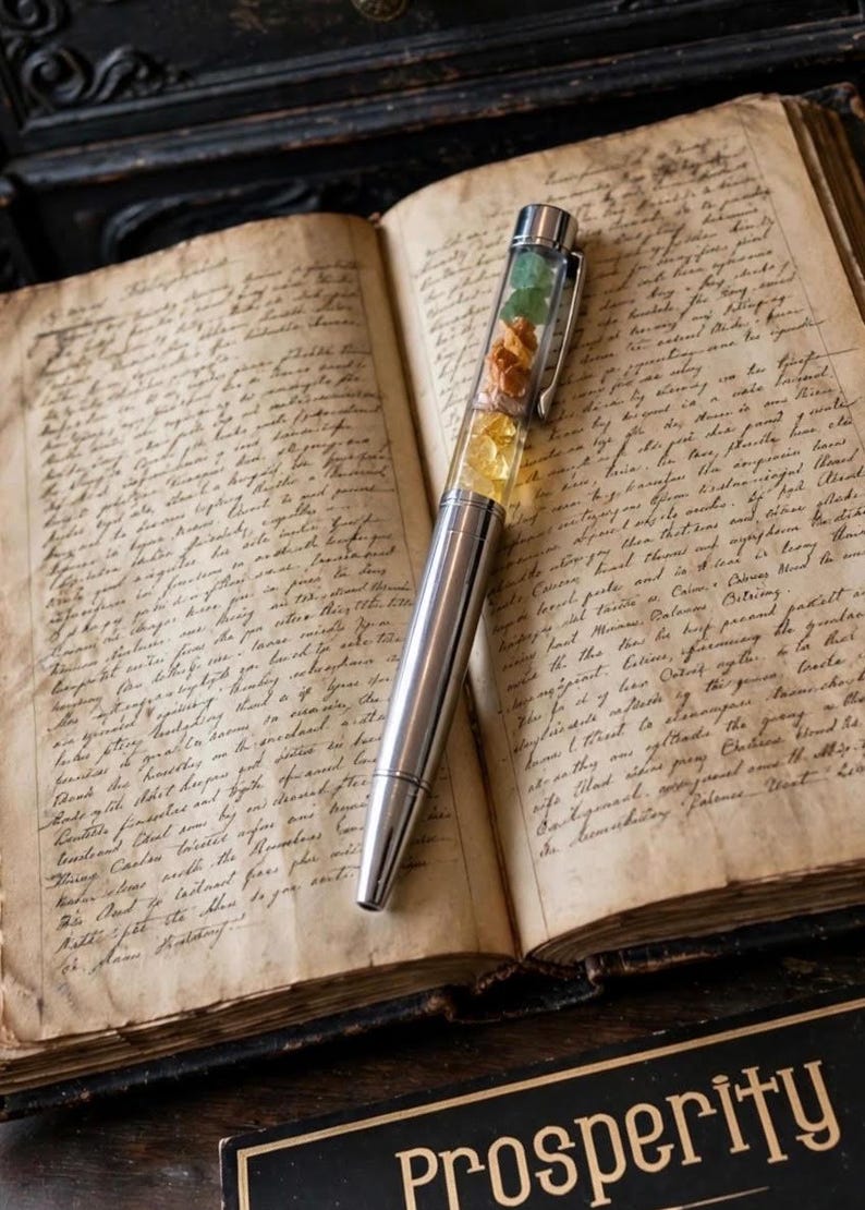 May include: A silver-toned ballpoint pen with a clear upper barrel containing small, loose, multi-coloured gemstone fragments in green, orange, and yellow. The pen features a metallic clip and rests diagonally across an open, aged, handwritten book.