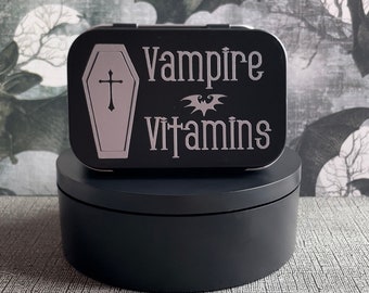Vampire Storage Tins / Vampire Vitamins / Goth Pill Box / Pills - Vitamins - Mints - Coins / Purse Organization / Gothic Pill Tin / Coffin