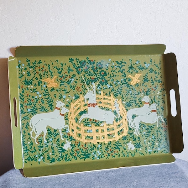 Vintage Green Melamine Tray – The Unicorn in Captivity – Medieval Tapestry Art – Retro Decor