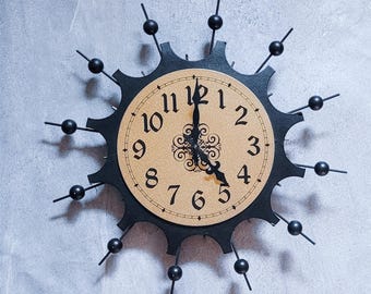 Vintage Mid Century Wall Clock – Atomic Starburst Design, Retro Black and Gold