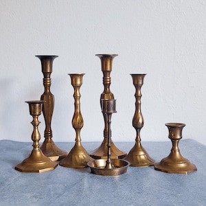 Set of 7 Mismatched Brass Candlesticks – Vintage Taper Holders