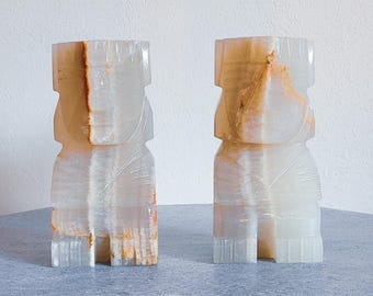 Vintage Onyx Bookends - Carved Stone Tribal Figures, Mid-Century Modern Decor, Office Accessories