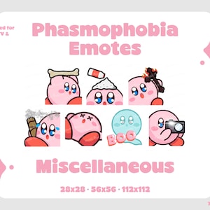May include: A white background with pink text that reads "Phasmophobia Emotes" and "Miscellaneous". The image features seven pink cartoon characters with various accessories and expressions. The image is optimized for Twitch.TV and Discord.