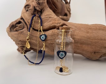 Evil Eye Heart Necklace and Bracelet Jewelry Set