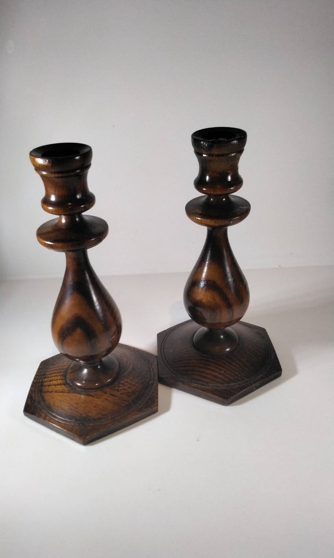 Vintage Pair of Walnut Wooden Candlesticks, Original Victorian Candle