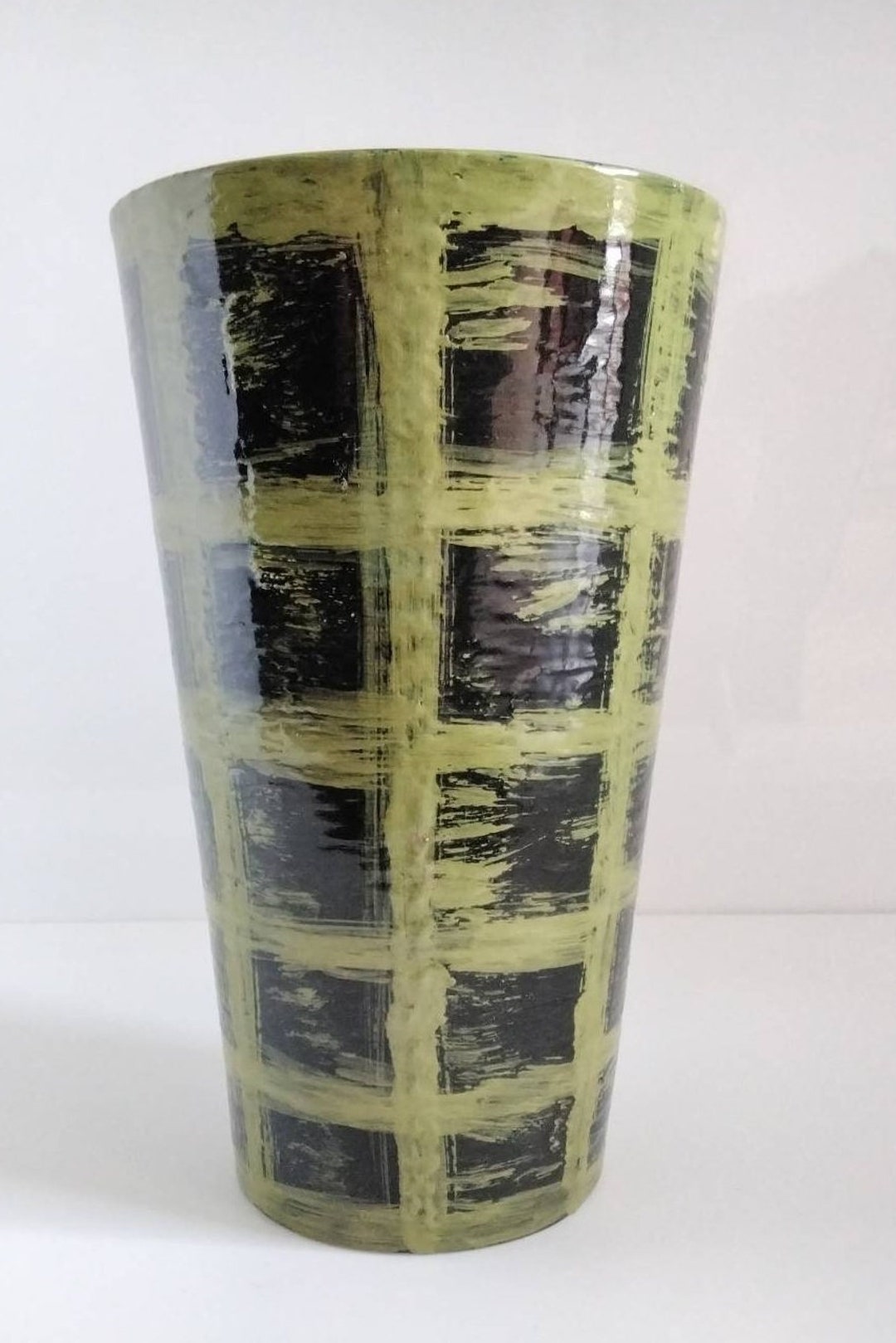 Vintage Vase Made in Portugal Pottery Green and Black Checked Design