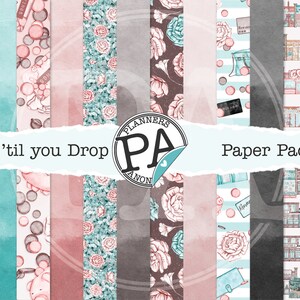 Watercolor, Shop &#39;til you drop Digital Printable Paper Pack - Shopping and Budgeting Watercolor Artwork in Teal and Pink