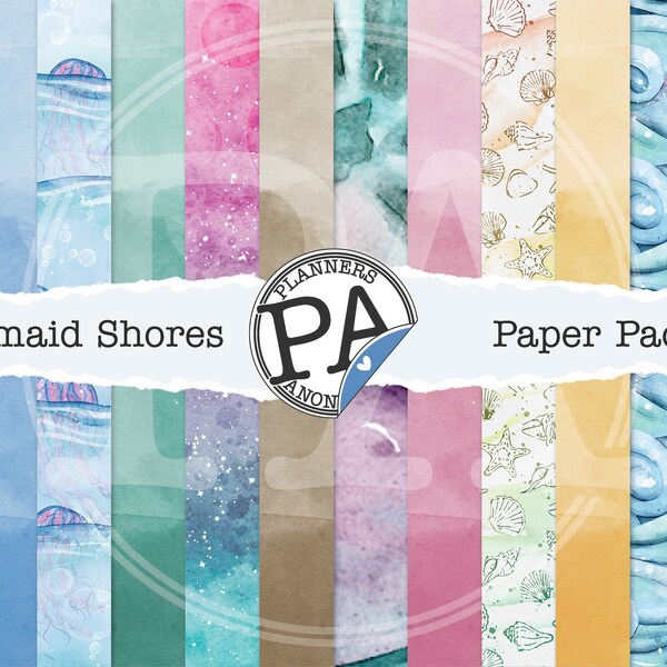 Watercolor Scrapbooking Papers, Mermaid Shores Digital Paper Pack - Beach Scenes, Mermaids and Sea Shells