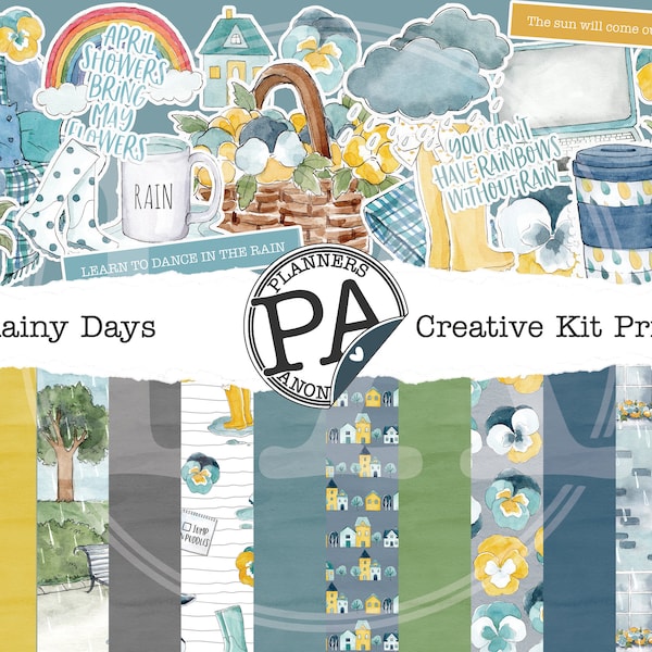 Rainy Days Kreativ Kit für Planner, Printable Papiere, druckbare Sticker für Planung, Bujo, Scrapbooking und Papercraft Projekte