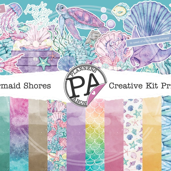 Mermaid Shores Creative Kit for Planners, Printable papers, printable stickers for planning, bujo, scrapbooking and papercraft projects