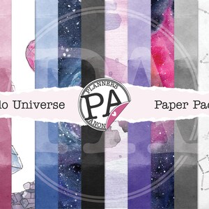 Akvarell utskrivbara scrapbookingpapper, Hello Universe digitalt utskrivbart papperspaket - Utforska kosmos med akvarellkonstverk, USLetter