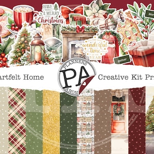 May include: A printable Christmas creative kit with a red, white, and green color scheme. The kit includes images of a Christmas tree, a fireplace, a mailbox, and a lantern. The text "Have yourself a merry little Christmas" is included in the image.