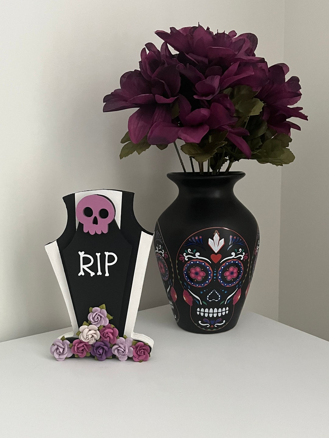 Floral and Skull Tombstone Tabletop Decor Etsy