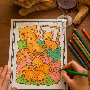 Cozy Cat Coloring Pages | 10 Printable PDF Scenes of Cute Cats in Cozy Home Spaces | Adult & Teen Relaxing Coloring Pages Download
