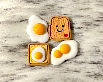 Egg Toast Set of 4 Magnets/Push Pins - Food/Breakfast/Fried Egg/Double Yolk Egg/Cheese Toast for Fridge/Office