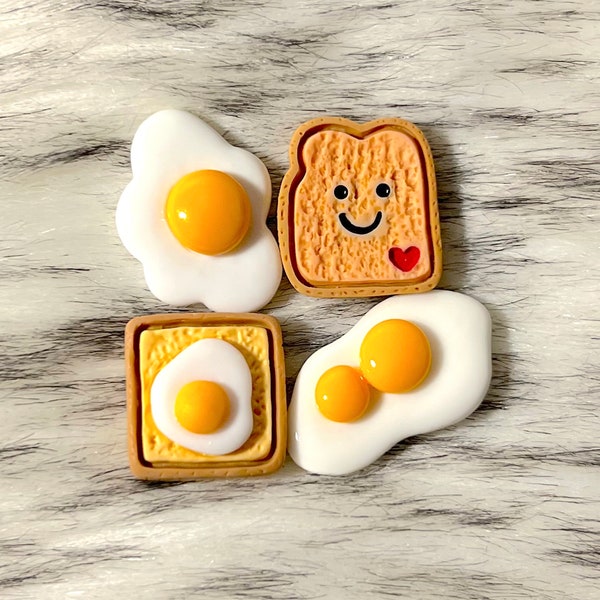 Egg Toast Set of 4 Magnets/Push Pins - Food/Breakfast/Fried Egg/Double Yolk Egg/Cheese Toast for Fridge/Office