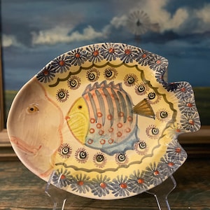 Vintage Large Hand painted Solimene Vietri Fish Plate Made in Italy