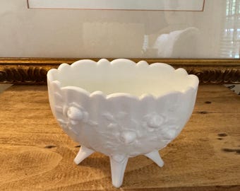 Vintage Fenton Cabbage Rose Oval Milk Glass Vase Candy Dish